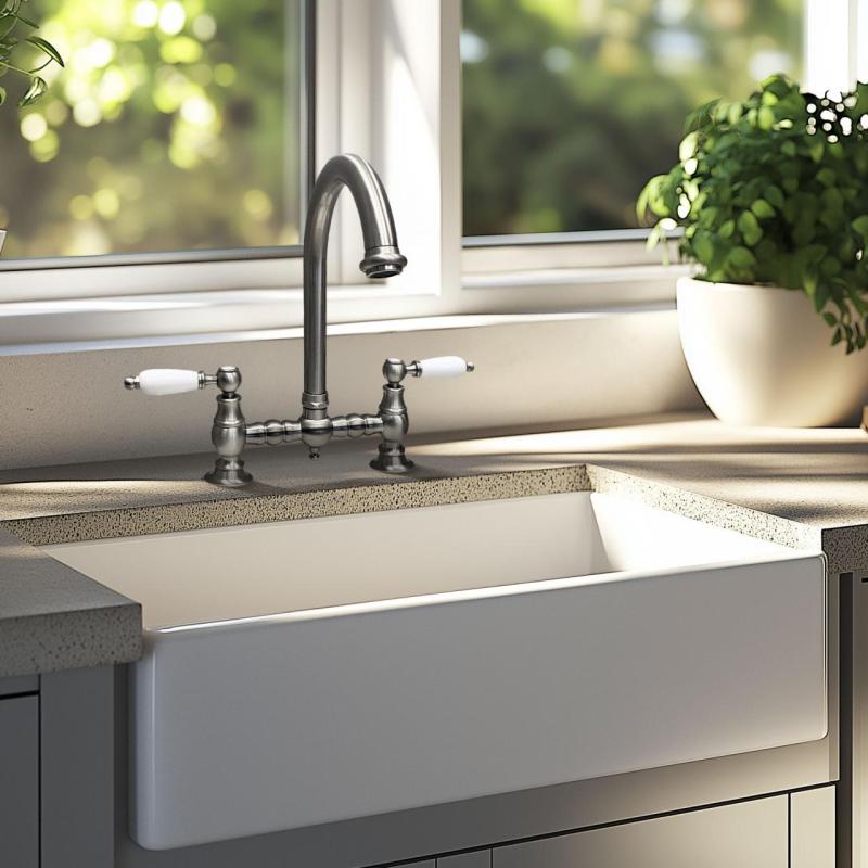 PB Robinete de bucătărie nostalgică cu pod  din oțel inoxidabil cu gură rotundă și mânere albe PBN.RVS.R.WH