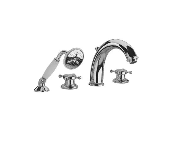 Robinetterie de bain thermostatique à quatre trous Huber Victorian avec ensemble de douche Chrome-Doré VTT760107G.