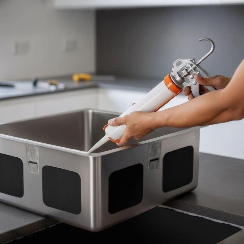 Adeziv siliconic fără acid pentru montarea chiuvetelor din oțel inoxidabil sub blat