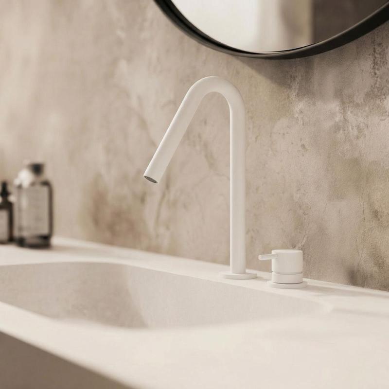 Waterevolution Flow Robinet pentru chiuvetă cu 2 găuri, alb mat, cu ieșire mică în V de 120 mm T1121VBR