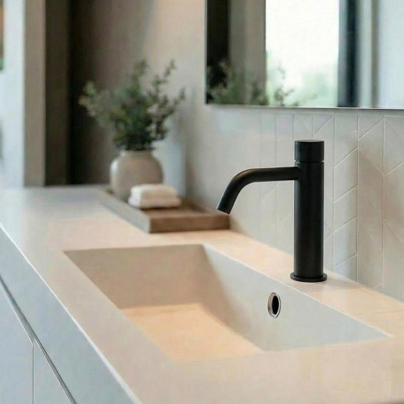 Robinetele cu jet de apă Waterrevolution Flow sunt auto-închise, de culoare neagră mată, cod T110TPPR.