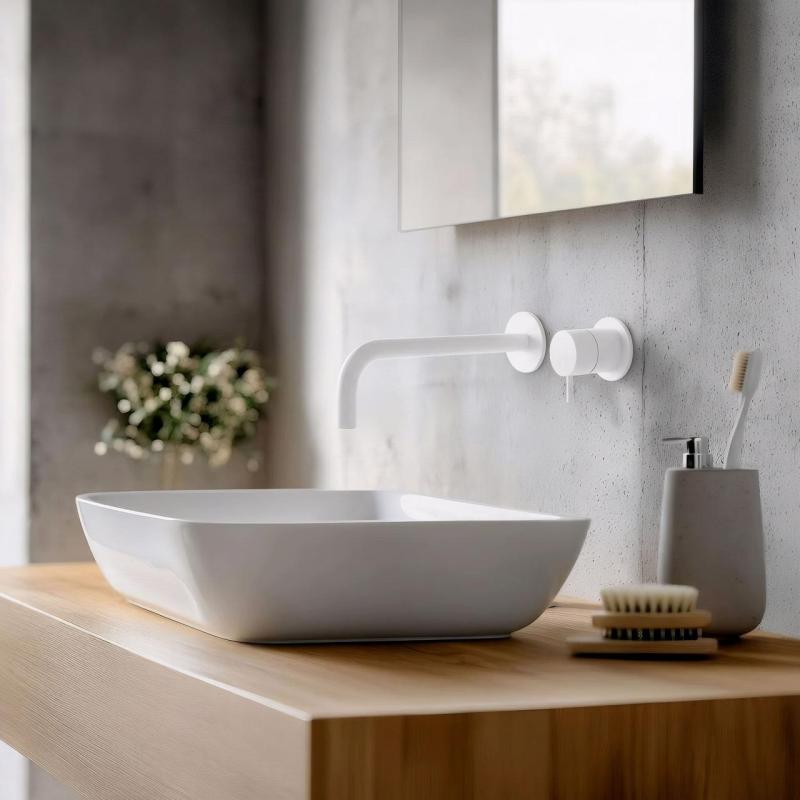 Waterevolution Flow baterie de chiuvetă încastrată, alb mat, cu gura de scurgere de 21 cm T116BBR-21