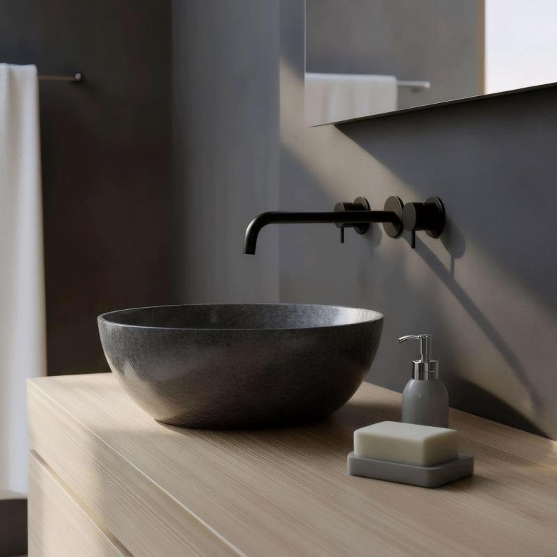 Waterevolution Flow Robinet de chiuvetă încastrat cu 3 găuri, negru mat, cu gura de scurgere de 25 cm T1163FPR-25