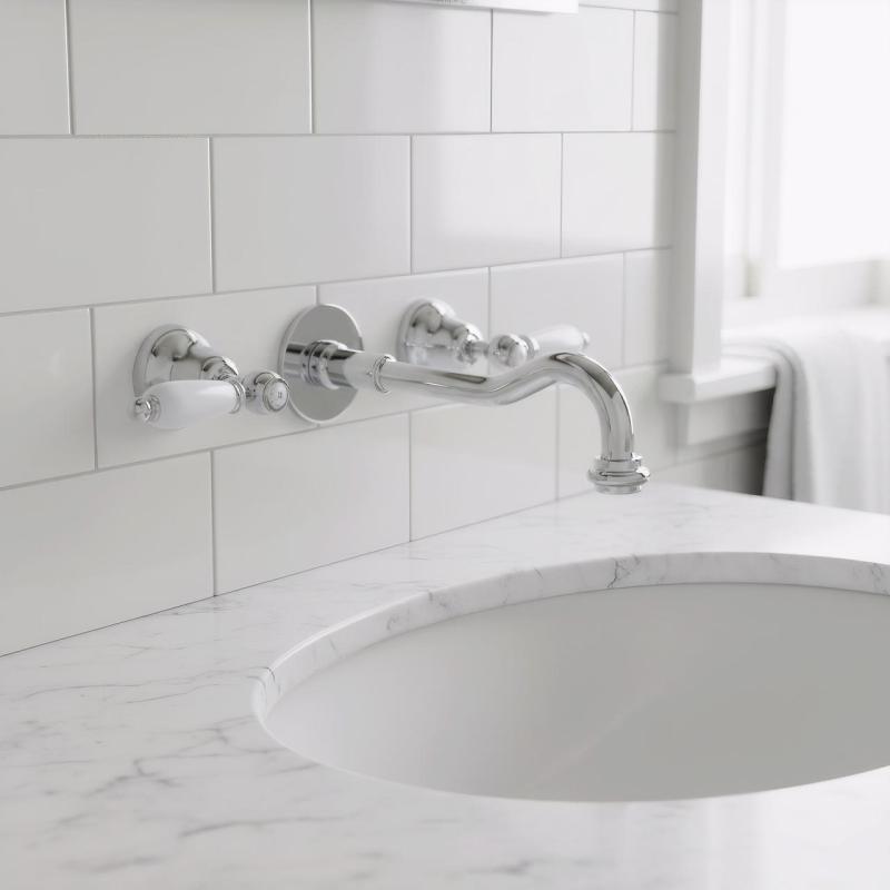 Baterie clasică de perete PB cu mâner alb, gura de scurgere de 20 cm, Crom 1208854352