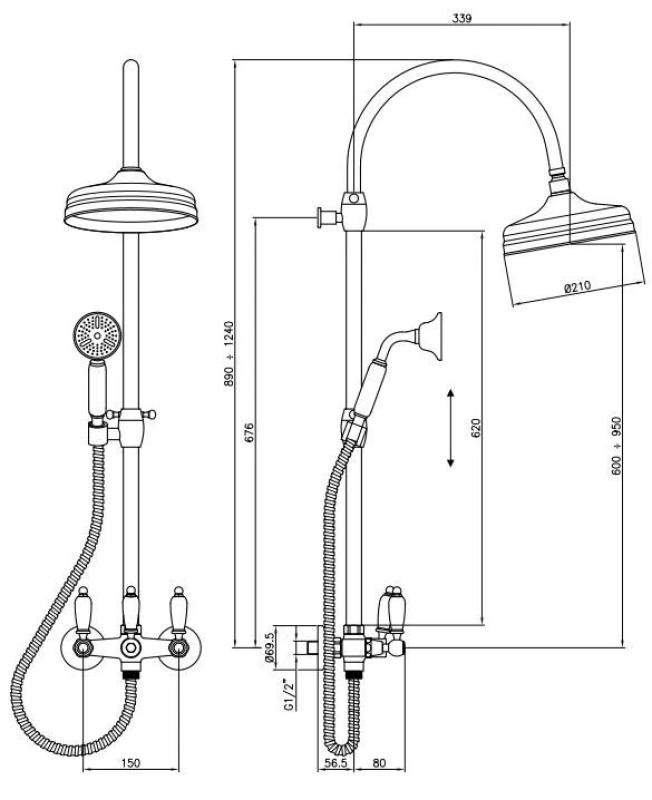 Setul clasic de duș PB cu coloană de duș telescopică și duș de ploaie, montat pe suprafață, bronz 1208854882.