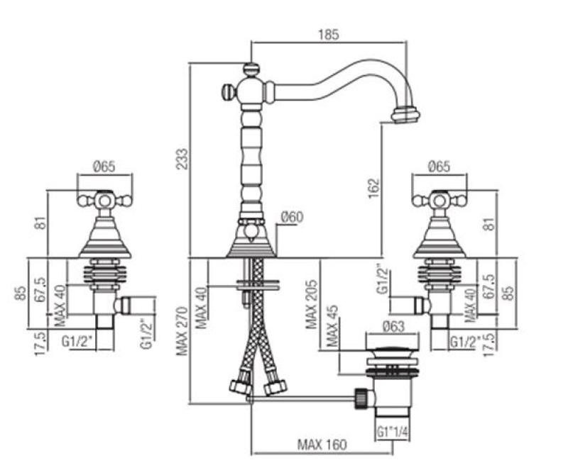 Robineta clasică pentru chiuveta cu 3 găuri PB, cu butoane puternice și țeavă de 18,5 cm, cromată, cod 1208854922.