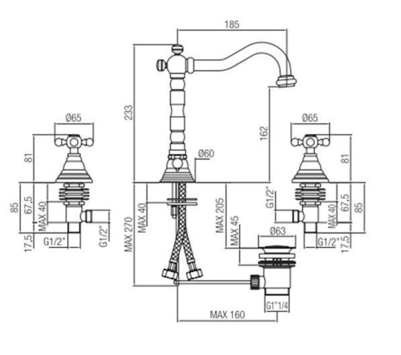 PB clasică 3 robinet de chiuvetă cu 3 găuri butoane puternice, țeavă de 18,5 cm, oțel inoxidabil 1208854952