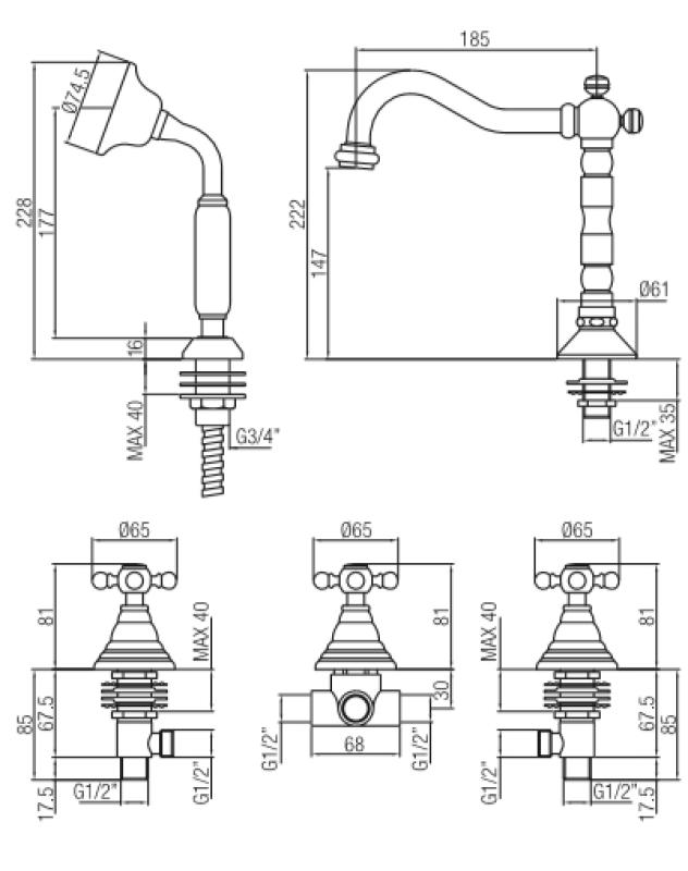 PB clasic 5-găuri robinet de margine pentru baie cu butuci puternici, bronz 1208855782