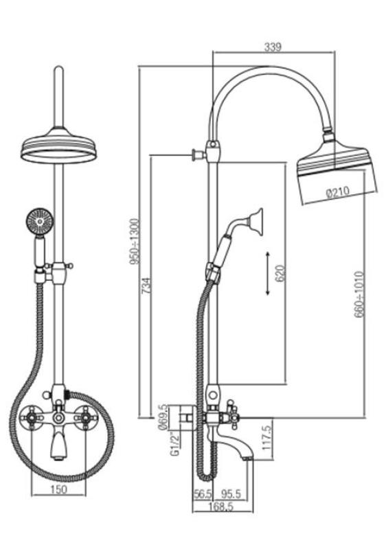 Setul clasic de duș PB cu montaj pe perete, cu duș de ploaie și butoane puternice, cromat, 1208855862.