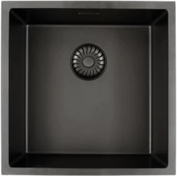 Chiuvetă quartz neagră Caressi Black Line de 40 cm, montată deasupra sau sub blat, CAGRPP40BK-TU, cu scurgere neagră 1208921310.