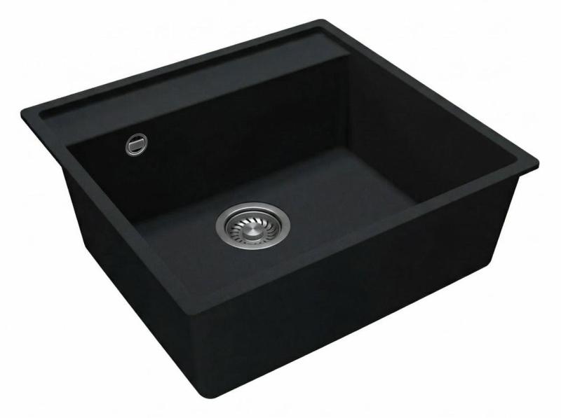 GraniteMy Bremen chiuvetă de granit 53x50 cm negru montaj pe blat, sub blat și la același nivel cu blatul cu banc de găuri pentru robinet CU ȘTUP DE INOX.