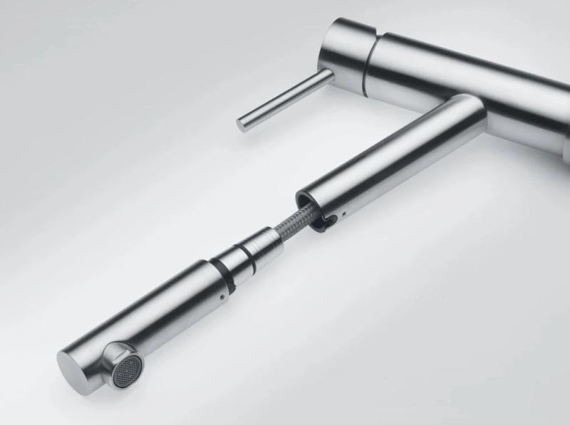 Franke Orbit Robinet de bucătărie scund din oțel inoxidabil masiv cu duză retractabilă 115.0569.461