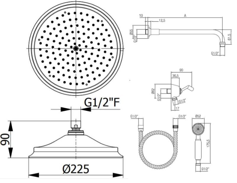 Setul clasic nostalgic de duș incorporabil PB cu finisaj cromat, cu duș manual și duș de ploaie de 225mm 1208953841.