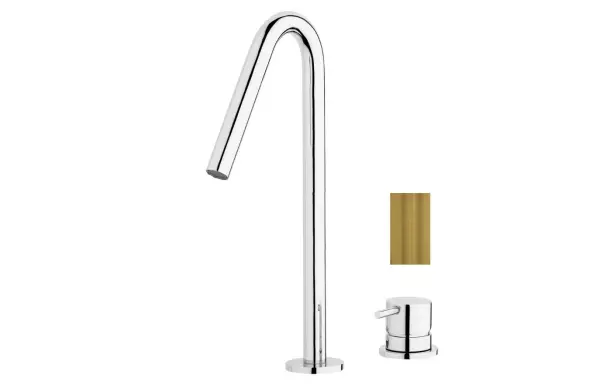 Robința de la chiuvetă Waterevolution Flow cu două orificii, din alamă periată, cu gură de scurgere înaltă de 120 mm T1122VLE.