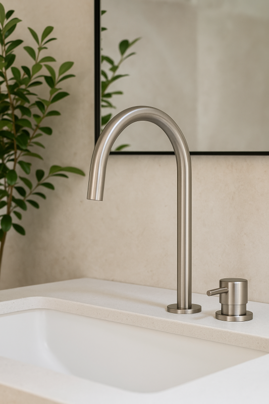 Waterevolution Flow Robinet pentru chiuvetă cu 2 găuri, complet din oțel inoxidabil, cu ieșire înaltă de 200 mm T1122UIE