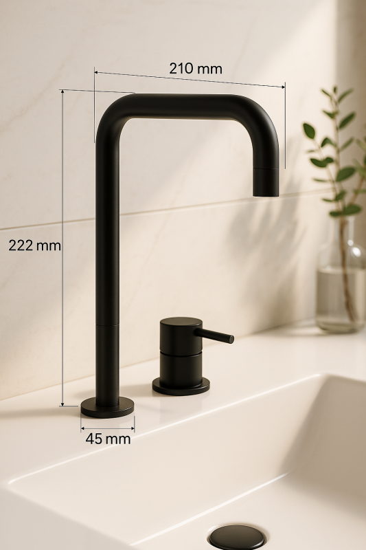Robinetele de baie Waterevolution Flow cu 2 orificii, cu gât înalt, finisaj mat negru 222, T122HPR.