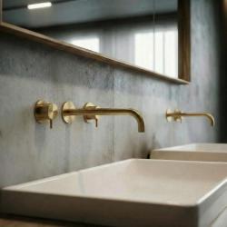 Waterevolution Flow Baterie de chiuvetă încastrabilă cu 3 găuri, din alamă periată, cu gura de scurgere de 21 cm T1163FLE-21