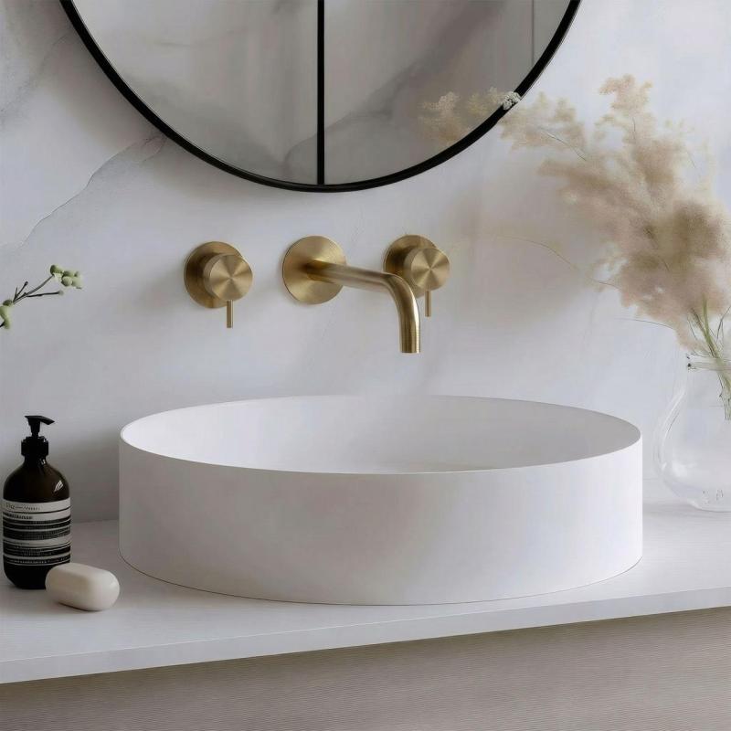 Waterevolution Flow Robinet de chiuvetă încastrat cu 3 găuri, din alamă complet periată, cu gura de scurgere de 15 cm T1163FLE-15