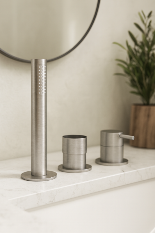 Robinetele de baie cu trei găuri Waterevolution Flow pentru montarea pe marginea băii, din oțel inoxidabil T138SBIE.