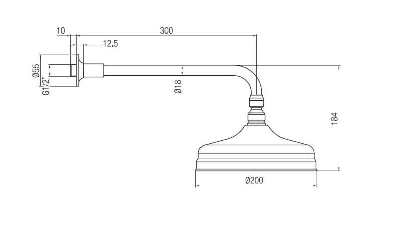 Duş de tavan nostalgic PB 20cm cu sistem anticalcar şi braţ de duş din oţel inoxidabil.