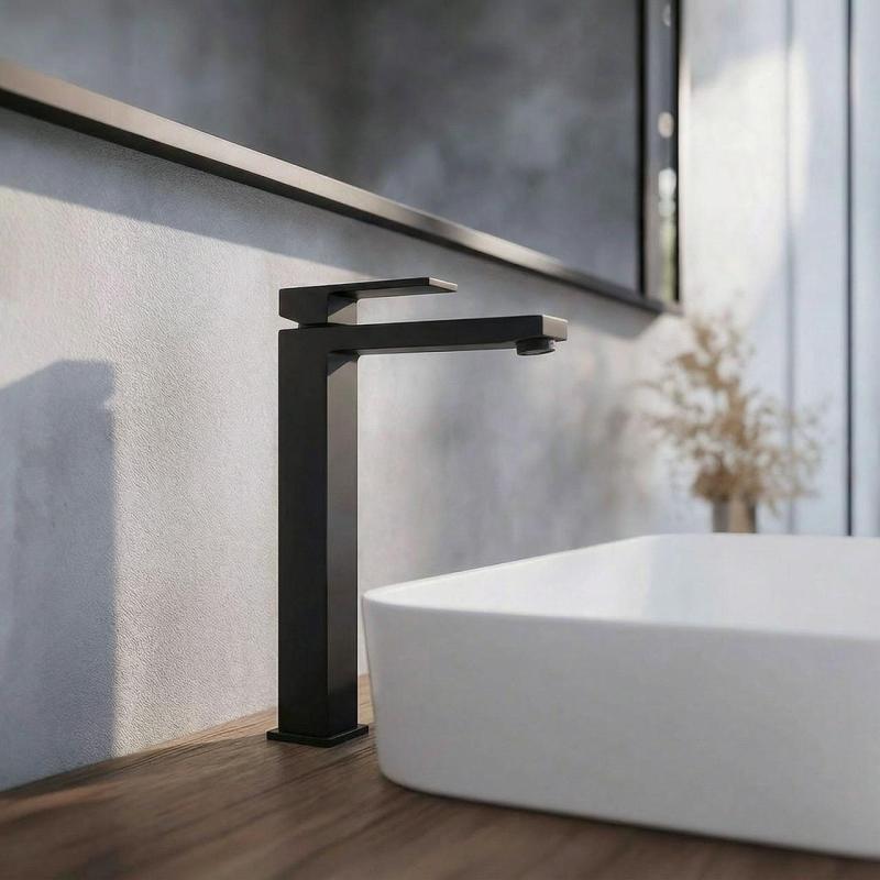 Baterie de baie inalta PB Kiki cu un singur orificiu pentru chiuveta, finisaj negru mat