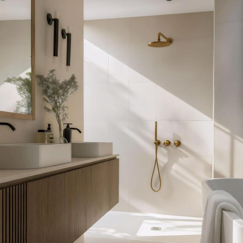 Waterevolution Flow set de duș încorporată cu termostat, duș de ploaie și duș manual, din alamă periată.