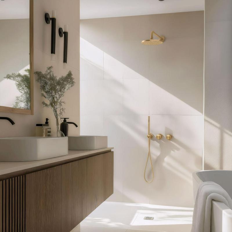 Waterevolution Flow setul de duș încorporat cu termostat, duș de ploaie și duș manual, finisaj auriu periat PVD.