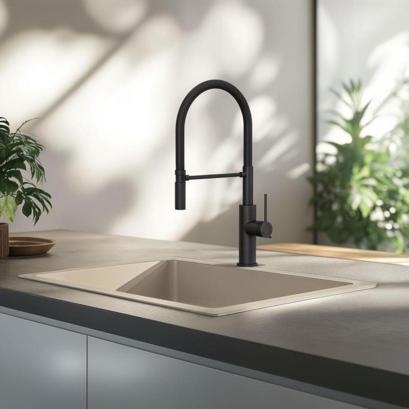 Quadri Retford Baterie de bucătărie neagră mat cu duză neagră flexibilă 1208956090