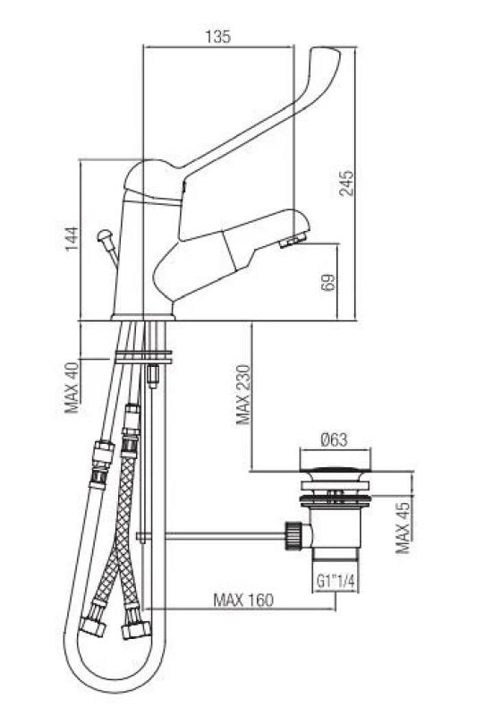 PB Clinic baterie pentru chiuvetă pentru persoane cu dizabilități, cu manetă lungă și duș flexibil, cromată 1208956272