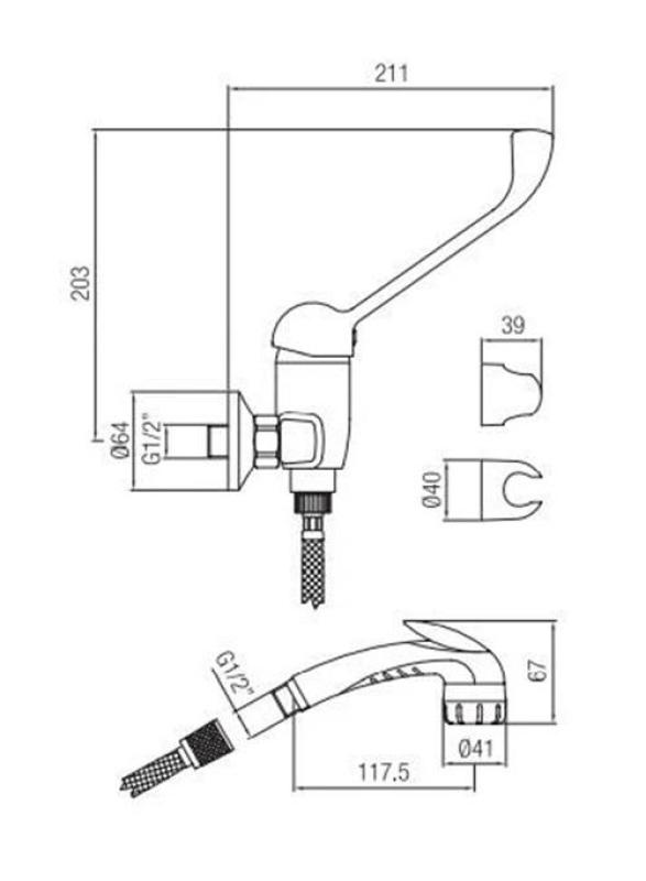 PB Clinic robinetul de duș pentru persoanele cu dizabilități cu maner lung, cromat, cu duș manual de strângere 1208956283