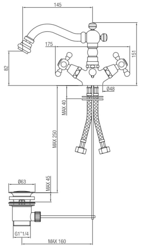 Robineta clasică pentru bidet PB, cu o lungime de 145 mm și cu ieșire din bronz.