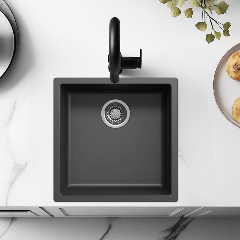 Chiuvetă neagră de 40x40 cm, montată sub blat, deasupra blatului sau încastrată cu dop din oțel inoxidabil 1208956390.
