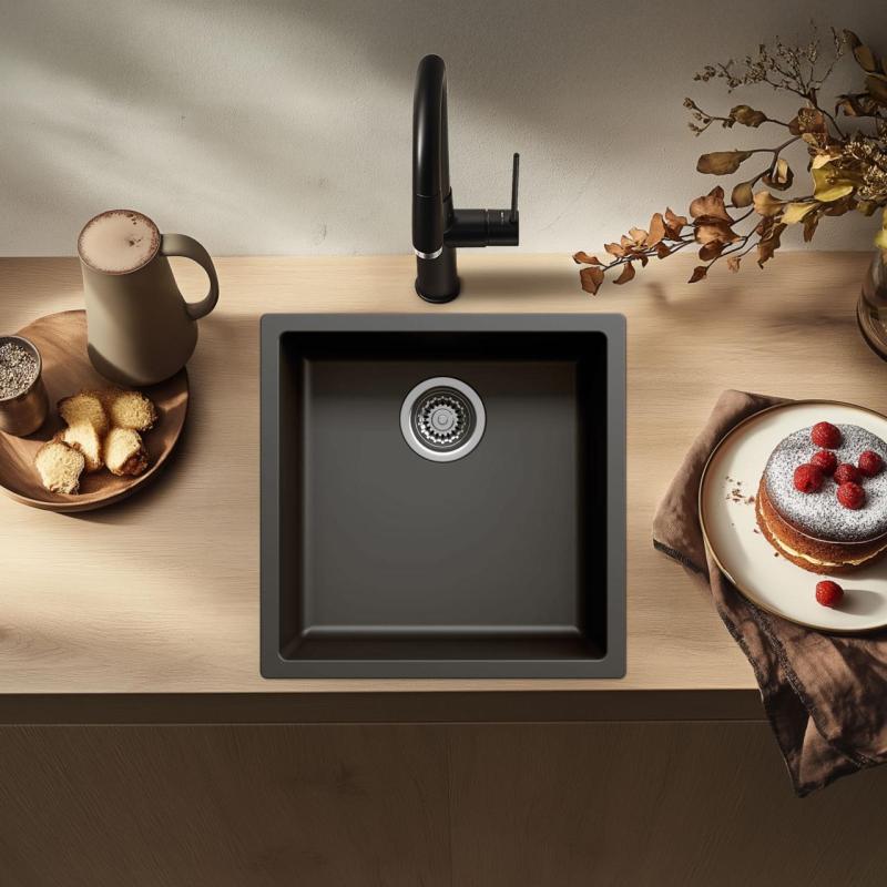 Chiuvetă neagră de 40x40 cm, montată sub blat, deasupra blatului sau încastrată cu dop din oțel inoxidabil 1208956390.