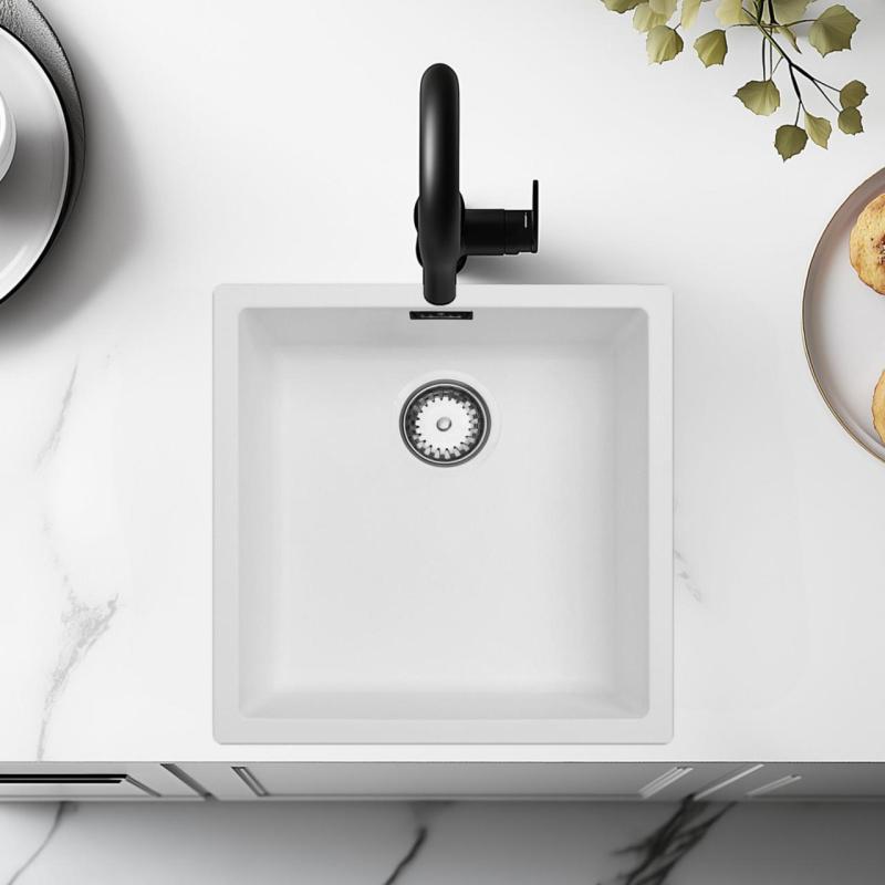 Chiuveta albă de 40x40 cm, montată sub blat, pe blat sau încastrată, cu dop din oțel inoxidabil, cod 1208956392.