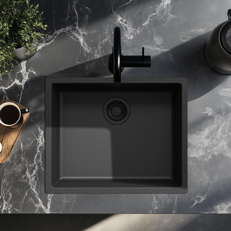 Chiuvetă neagră de 50x40 cm, montată sub blat, pe blat sau încastrată, cu dop negru 1208956396.