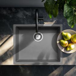 Chiuvetă de beton gri, cu dimensiunile 50x40cm, pentru montaj sub blat, aplicat sau pe suprafață, cu dop din oțel inoxidabil, cod de produs 1208956398.