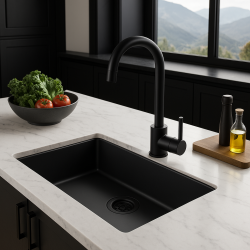 Chiuveta mare neagră de 70x40 cm, montată sub blat, suprapusă sau încastrată, cu dop negru 1208956401.