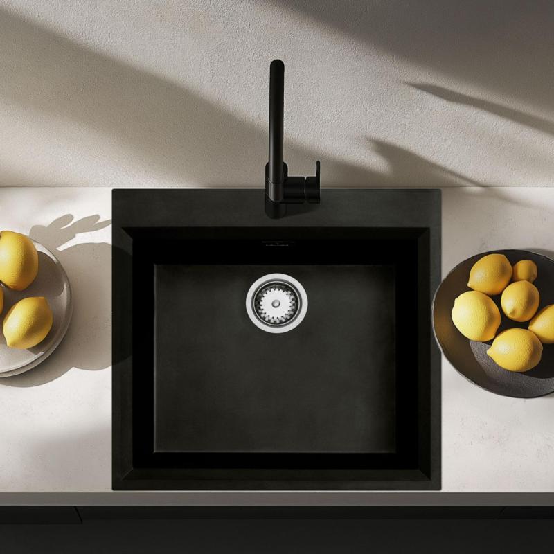 Chiuvetă de montare pe blat, neagră, 58 x 53 cm, cu orificiu pentru baterie și dop din oțel inoxidabil 1208956732