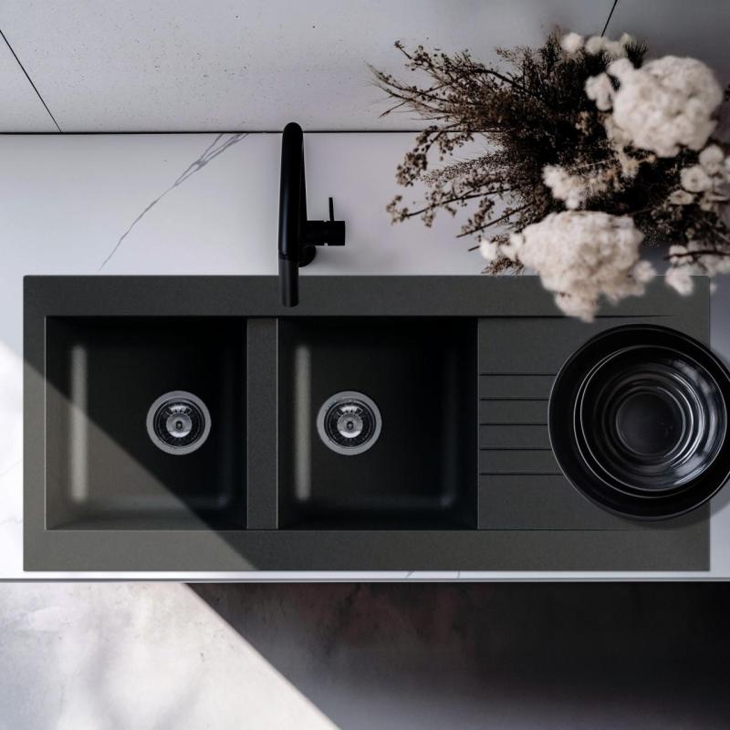 Chiuvetă dublă din fibră de plastic negru Ausmann, reversibilă, cu raft pentru scurgere, montaj pe blat, 116x50 cm, 1208956787.