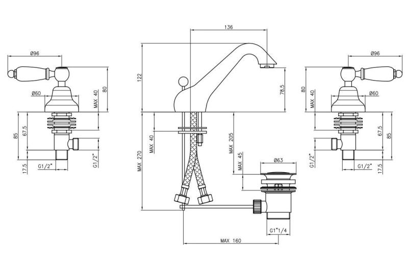 Robinet clasic PB cu 3 găuri pentru chiuveta de baie, cu manete albe, bronz 1208956907