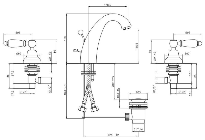 Robinet clasic PB cu 3 găuri pentru chiuvetă înaltă, mânere albe, crom 1208956911.