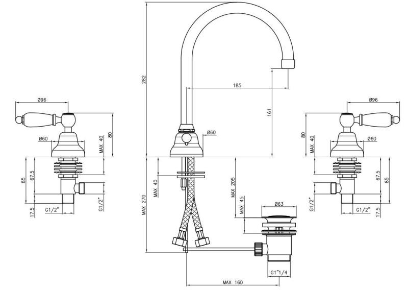 Robinetele clasice PB pentru chiuvete cu 3 găuri. Mânere albe cu ieșire rotundă din bronz. 1208956913.
