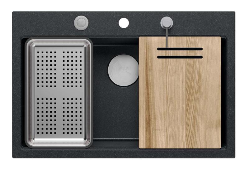 Chiuvetă mare de granit negru mat Quadri, cu accesorii incluse, dimensiuni 76x50cm, cod produs 1208957201.