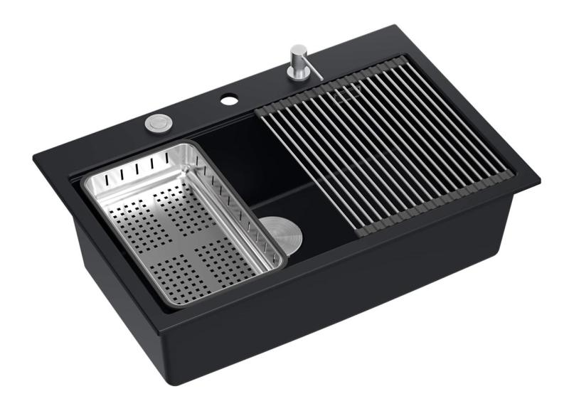 Chiuvetă mare de granit negru mat Quadri, cu accesorii incluse, dimensiuni 76x50cm, cod produs 1208957201.