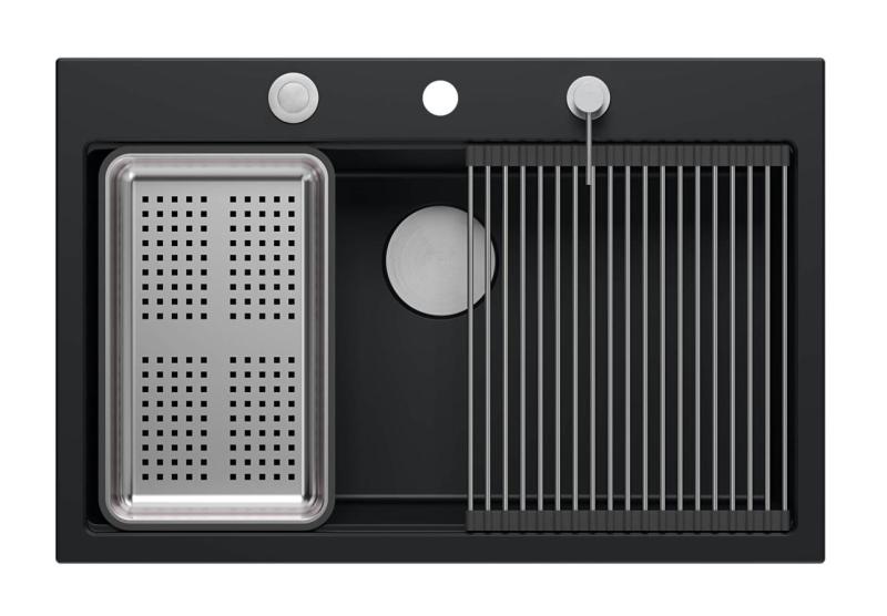 Chiuvetă mare de granit negru mat Quadri, cu accesorii incluse, dimensiuni 76x50cm, cod produs 1208957201.