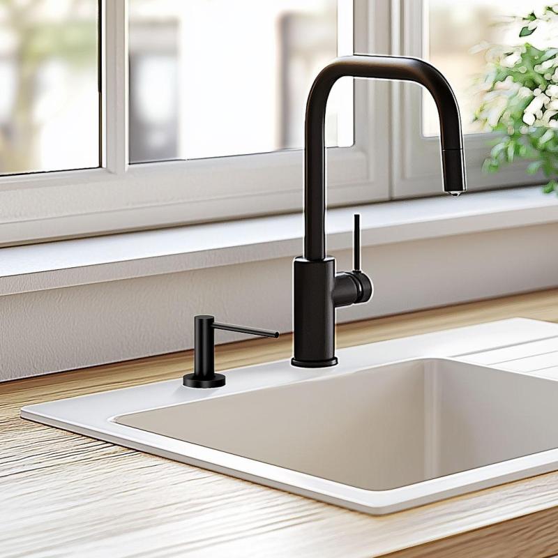 Dispenserul de săpun încorporat de lux Quadri Swindon, negru mat, se poate reumple de sus, 1208957213.