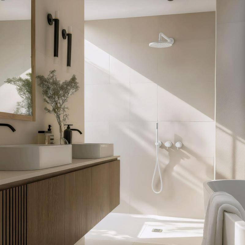 Set de duș încastrat Waterevolution Flow, alb mat, cu duș cu efect de ploaie cu termostat și duș de mână 1208957344