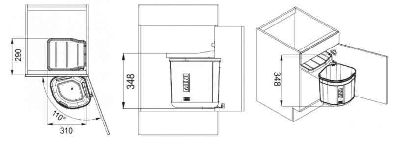 Sistemul de sortare Franke Sorter Mini cu rotație, cu un coș de gunoi de 17 litri, atașat ușii, 1210176518.