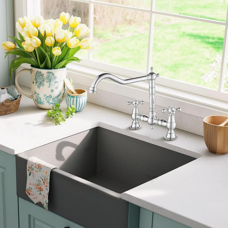 AquaTrimo Windsor Robinet de bucătărie clasic nostalgic cu 2 orificii punte și duză unghiulară cromat 21WS7653CM