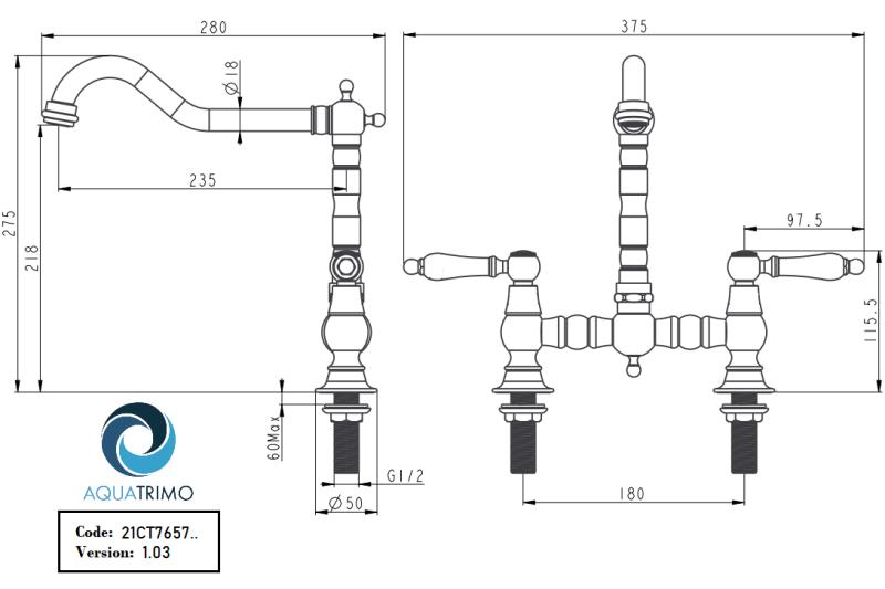 AquaTrimo Country robinet de bucătărie clasic nostalgic cu 2 orificii și duză unghiulară cromat 21CT7657CM